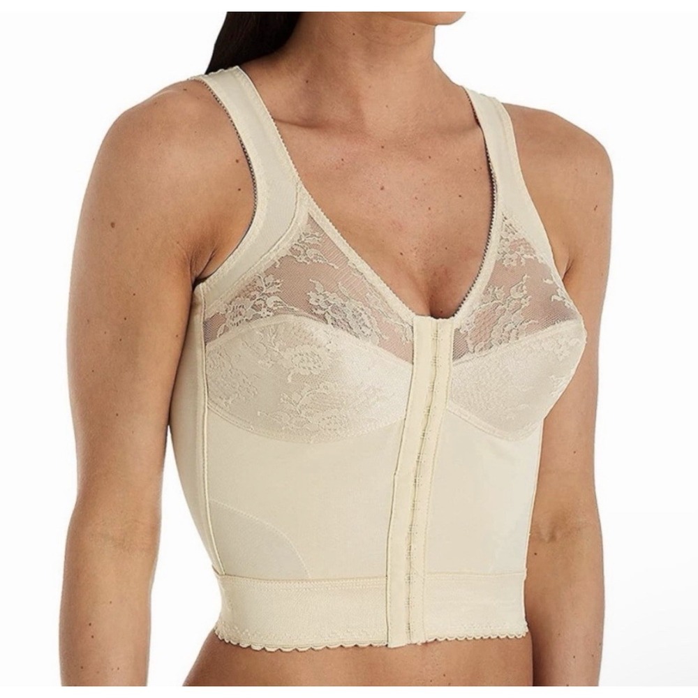 Cortland 34 B Long Line Corset Posture Bra Beige Lace Nylon Front New USA Made
